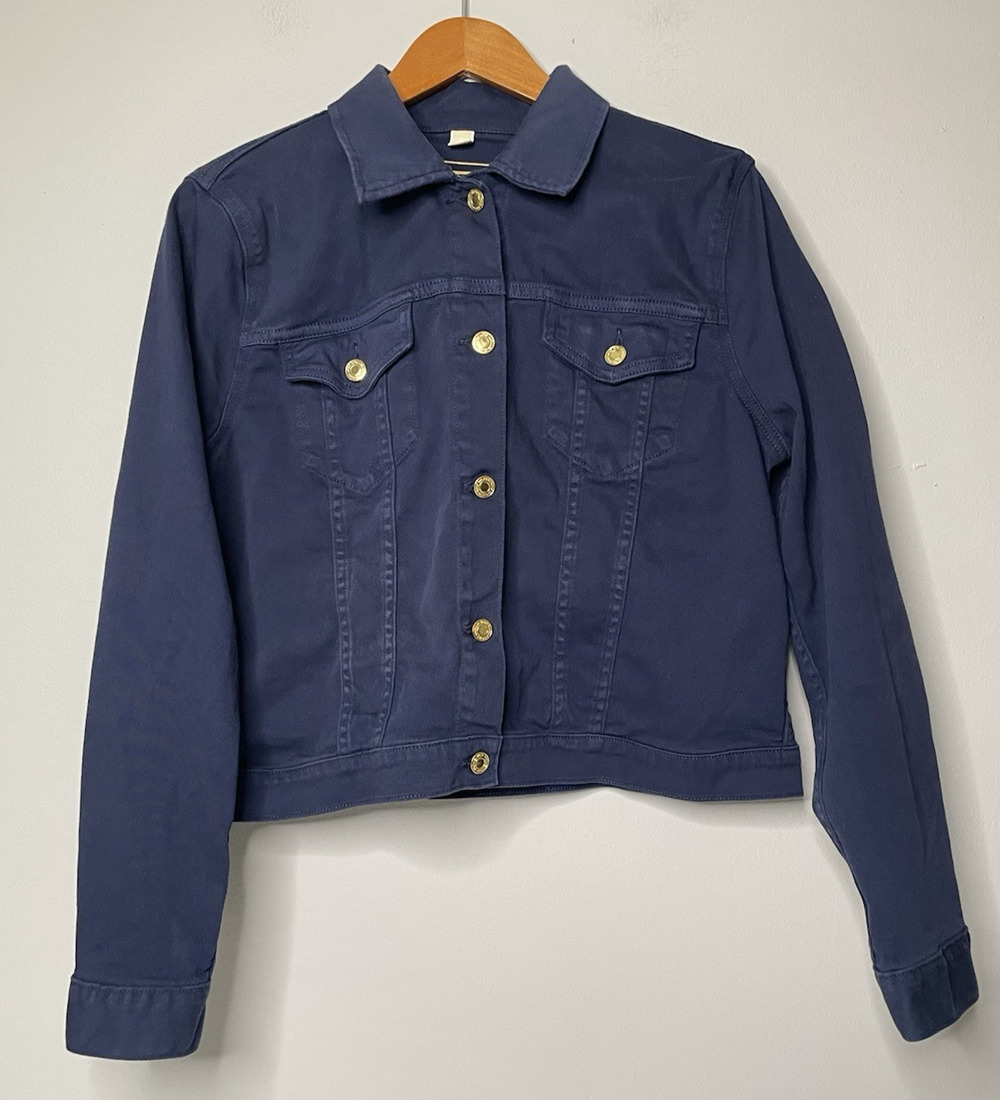 Michael Kors Women's XL Navy Blue Stretch Denim Jacket Gold Logo Buttons